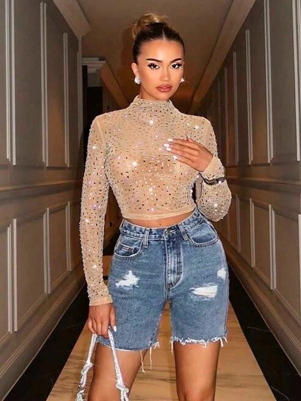 Rhinestone Long Sleeve Crop Top in Beige Like New
